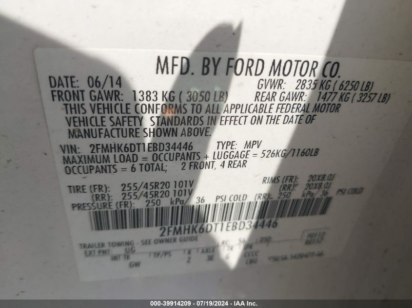 2014 Ford Flex Limited VIN: 2FMHK6DT1EBD34446 Lot: 39914209