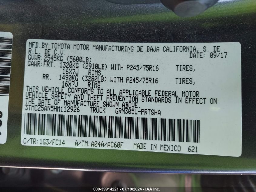 2017 Toyota Tacoma Sr5 V6 VIN: 3TMCZ5AN5HM112926 Lot: 39914221