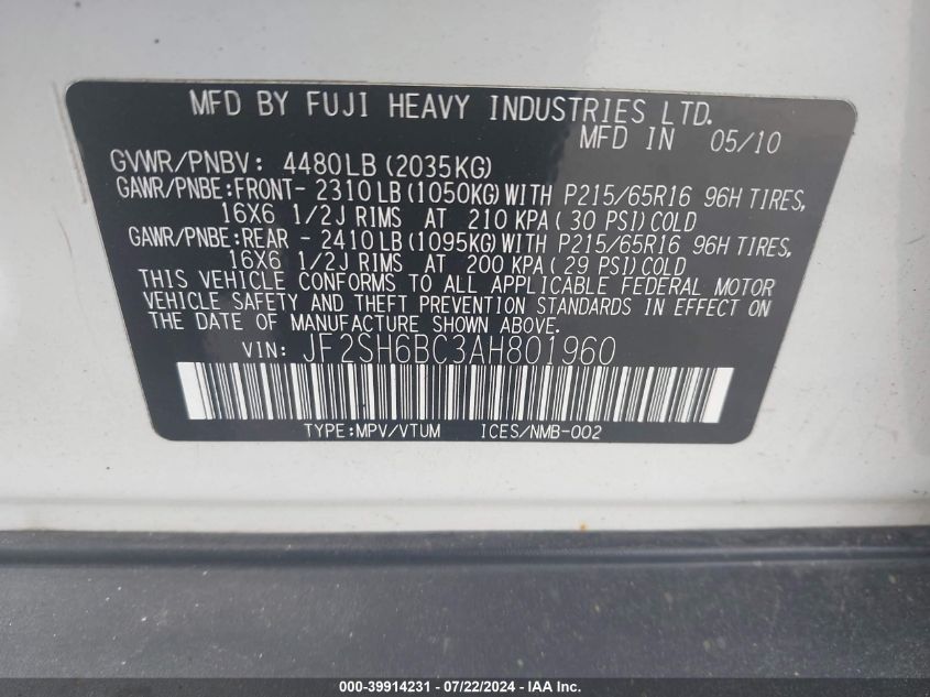 2010 Subaru Forester 2.5X VIN: JF2SH6BC3AH801960 Lot: 39914231