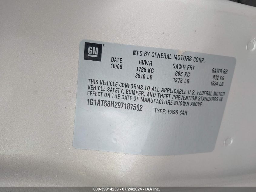 2009 Chevrolet Cobalt Lt VIN: 1G1AT58H297187502 Lot: 39914239