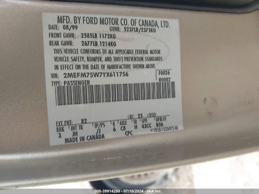 2000 Mercury Grand Marquis Ls VIN: 2MEFM75W7YX611756 Lot: 39914250