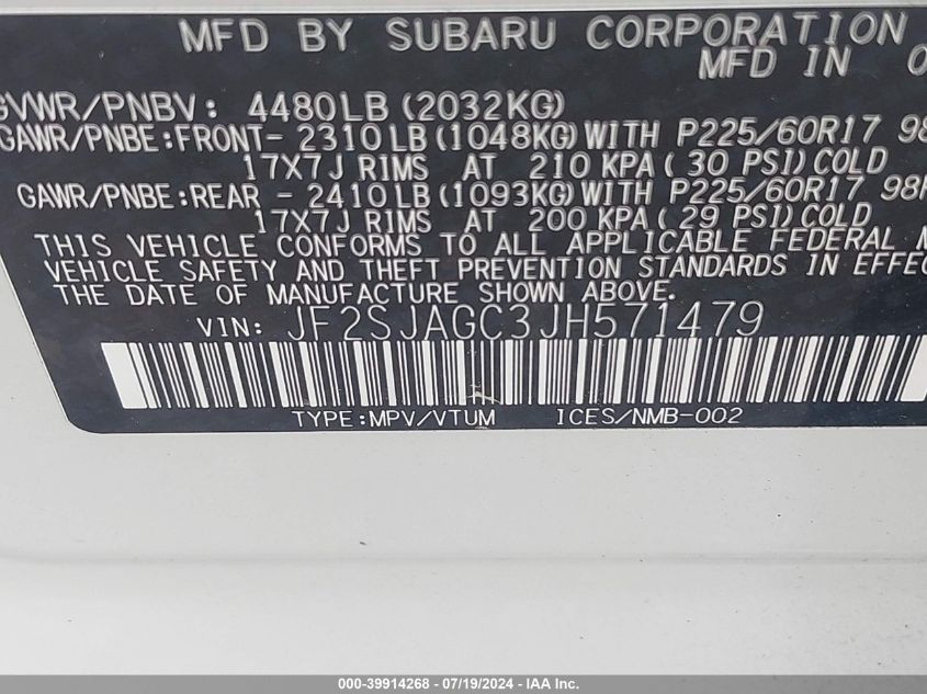 2018 Subaru Forester 2.5I Premium VIN: JF2SJAGC3JH571479 Lot: 39914268