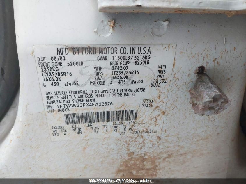 2004 Ford F-350 VIN: 1FTWW33PX4EA22826 Lot: 39914274