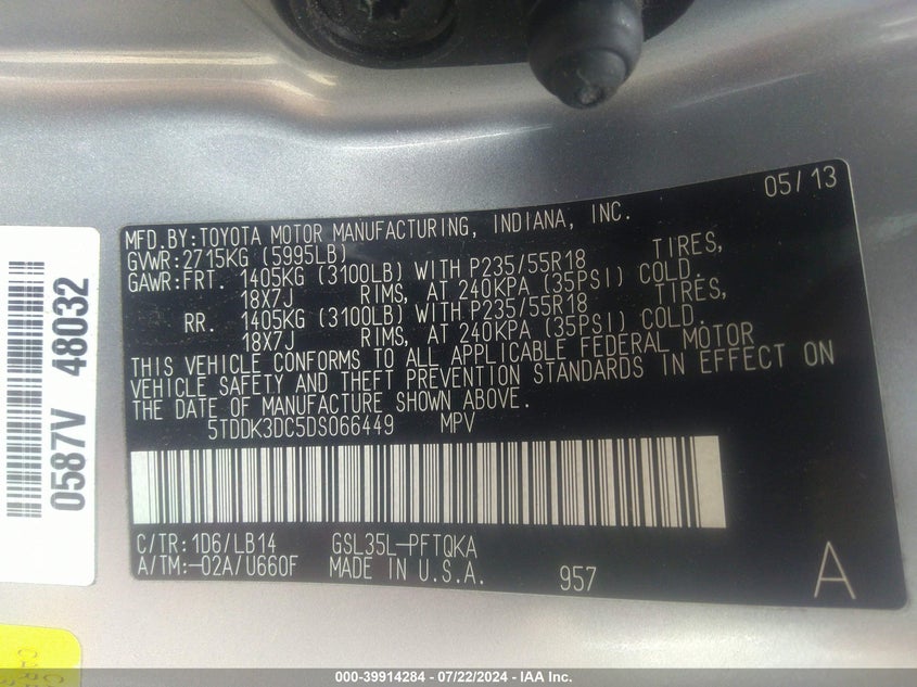 2013 Toyota Sienna Xle 7 Passenger VIN: 5TDDK3DC5DS066449 Lot: 39914284