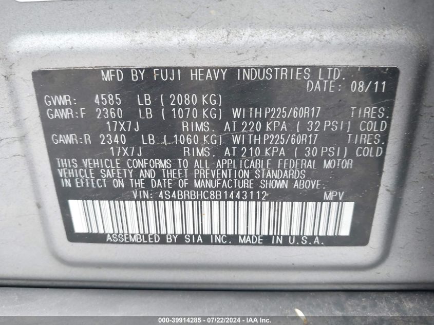 2011 Subaru Outback 2.5I Premium VIN: 4S4BRBHC8B1443112 Lot: 39914285