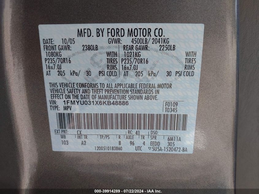 2006 Ford Escape Xlt/Xlt Sport VIN: 1FMYU031X6KB48886 Lot: 39914289