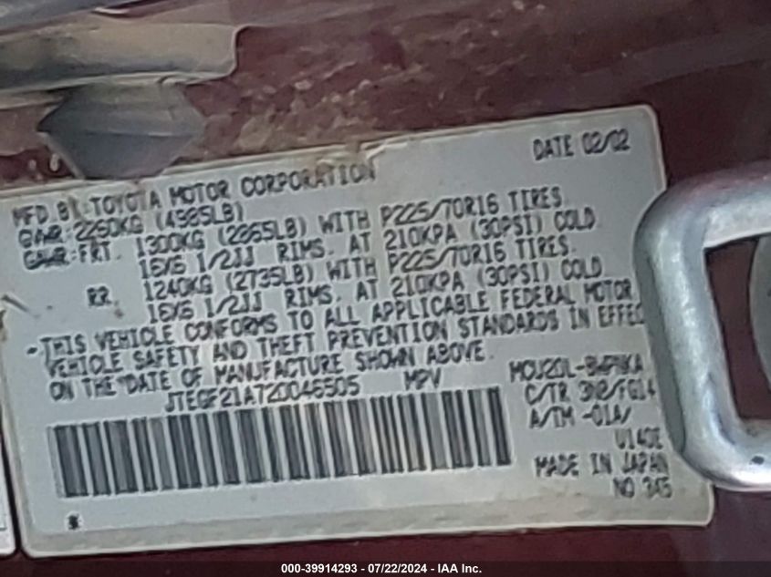 2002 Toyota Highlander V6 VIN: JTEGF21A720046505 Lot: 39914293