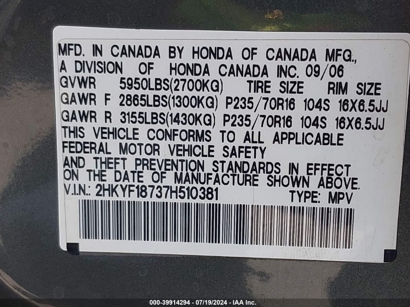 2007 Honda Pilot Ex-L VIN: 2HKYF18737H510381 Lot: 39914294