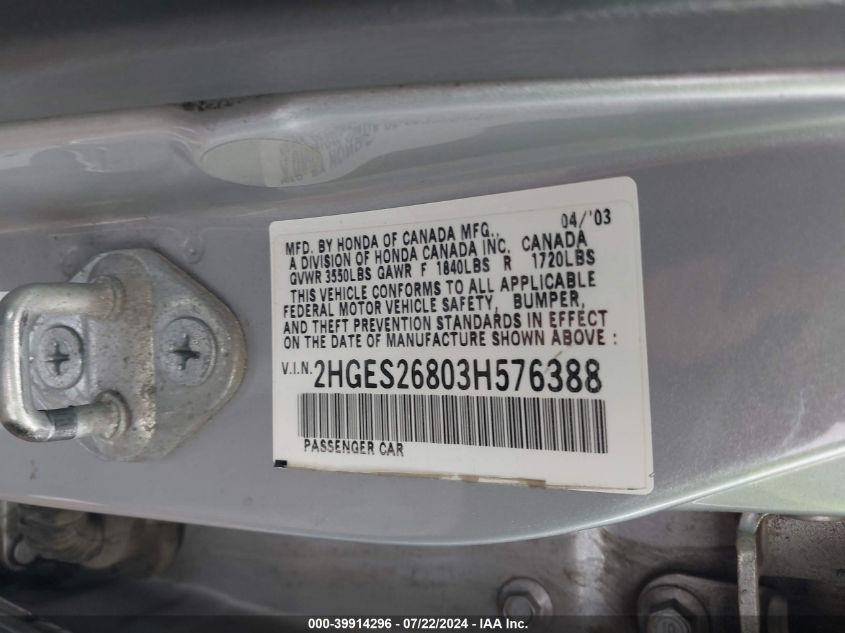 2003 Honda Civic Ex VIN: 2HGES26803H576388 Lot: 39914296