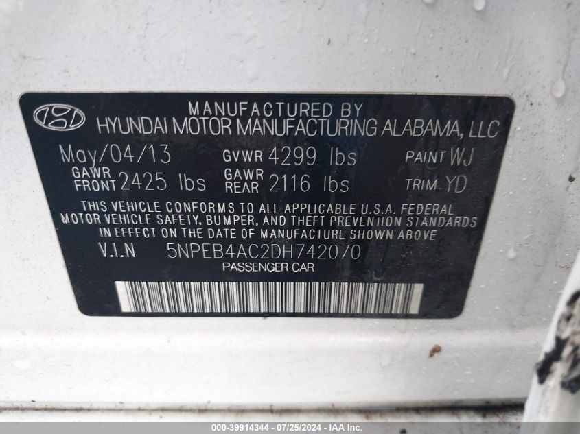 2013 Hyundai Sonata Gls VIN: 5NPEB4AC2DH742070 Lot: 39914344