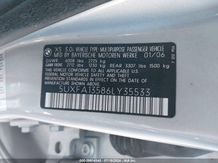 2006 BMW X5 3.0I VIN: 5UXFA13586LY35533 Lot: 39914345