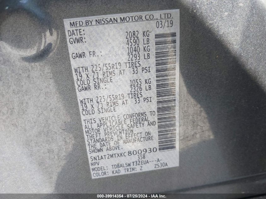 2019 Nissan Rogue Sl VIN: 5N1AT2MTXKC800930 Lot: 39914354