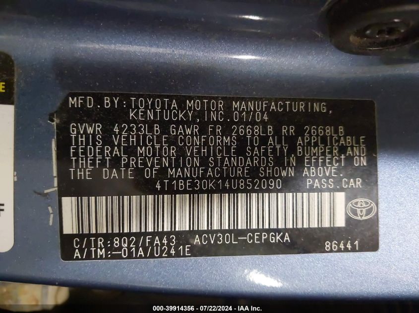 2004 Toyota Camry Xle VIN: 4T1BE30K14U852090 Lot: 39914356