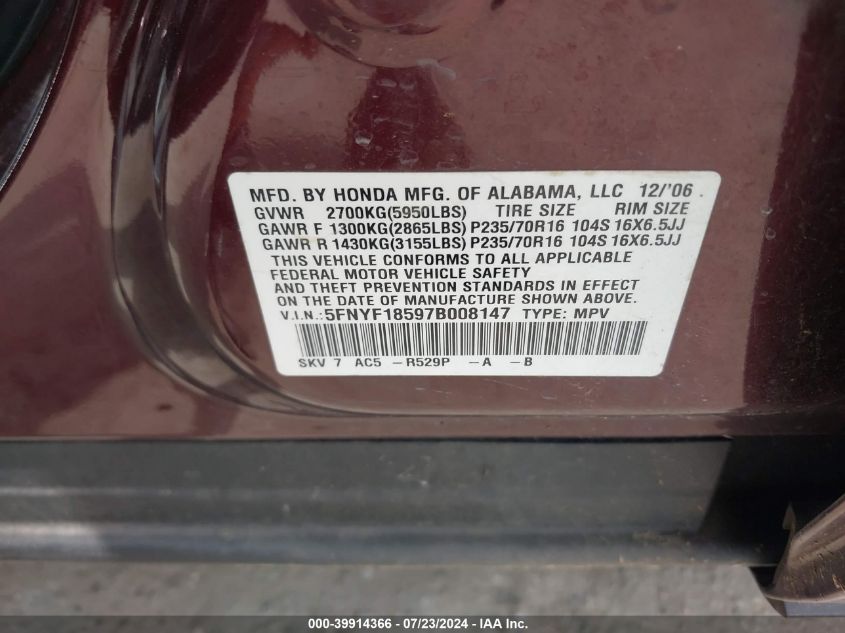 2007 Honda Pilot Ex-L VIN: 5FNYF18597B008147 Lot: 39914366