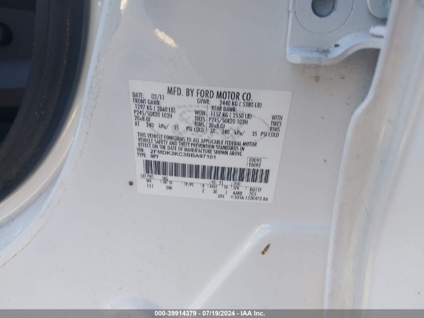 2011 Ford Edge Limited VIN: 2FMDK3KC3BBA97101 Lot: 39914379