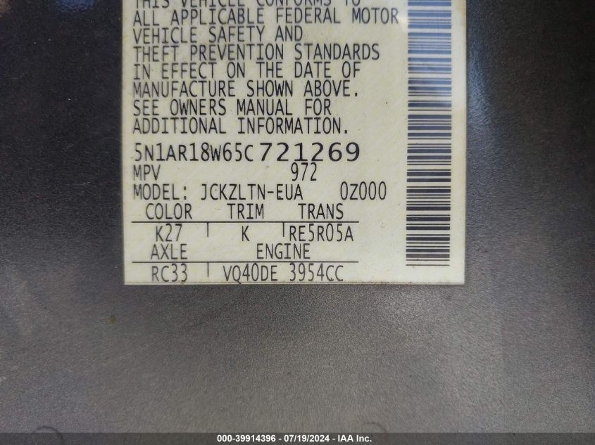 2005 Nissan Pathfinder Se VIN: 5N1AR18W65C721269 Lot: 39914396