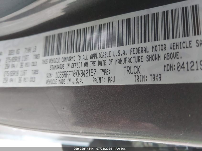 2019 RAM 1500 BIG HORN/LONE STAR  4X4 5'7 BOX - 1C6SRFFT0KN842157