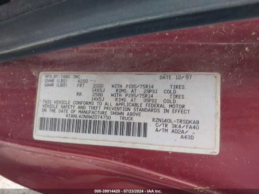 1998 Toyota Tacoma VIN: 4TANL42N8WZ074750 Lot: 39914420