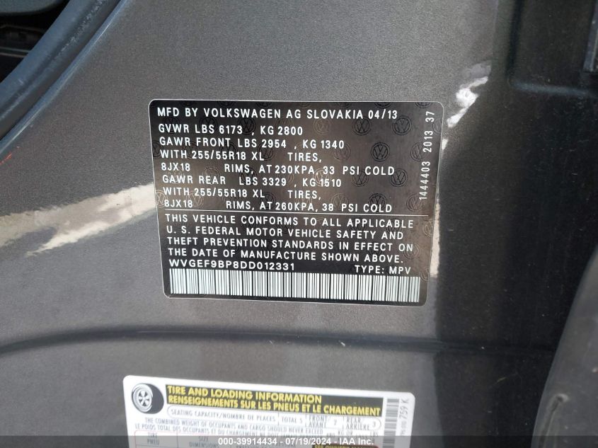 2013 VOLKSWAGEN TOUAREG VR6 SPORT - WVGEF9BP8DD012331