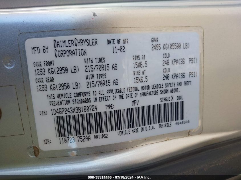 2003 Dodge Grand Caravan Se VIN: 1D4GP243X3B180724 Lot: 39914443