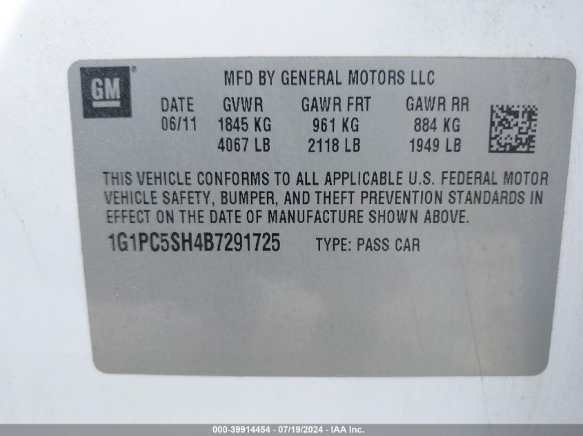 2011 Chevrolet Cruze Ls VIN: 1G1PC5SH4B7291725 Lot: 39914454