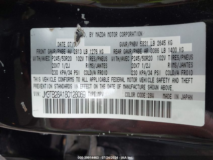 2008 Mazda Cx-9 VIN: JM3TB28A180128069 Lot: 39914463