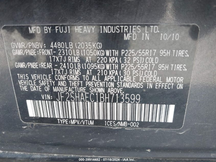 2011 Subaru Forester 2.5X Limited VIN: JF2SHAEC1BH713599 Lot: 39914482