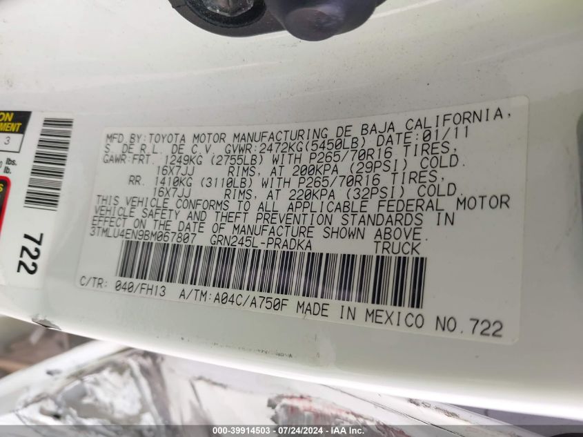 2011 Toyota Tacoma Base V6 VIN: 3TMLU4EN9BM067807 Lot: 39914503