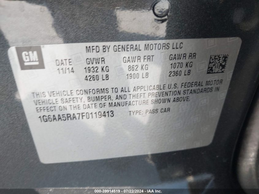 2015 Cadillac Ats Standard VIN: 1G6AA5RA7F0119413 Lot: 39914519