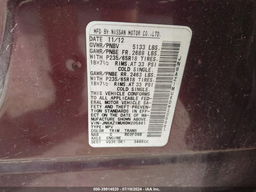 2013 Nissan Murano Sl VIN: JN8AZ1MU6DW205861 Lot: 39914520