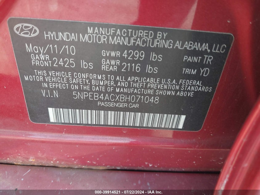 2011 Hyundai Sonata Gls VIN: 5NPEB4ACXBH071048 Lot: 39914521
