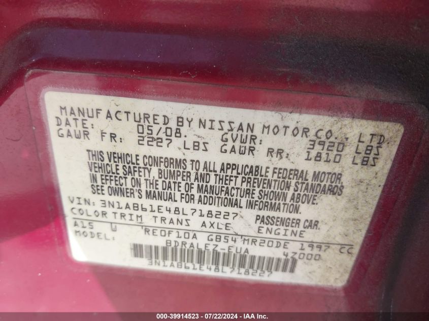 2008 Nissan Sentra 2.0S VIN: 3N1AB61E48L718227 Lot: 39914523