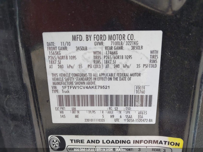 2010 Ford F-150 Fx2 Sport/Harley-Davidson/King Ranch/Lariat/Platinum/Xl/Xlt VIN: 1FTFW1CV4AKE79521 Lot: 39914533