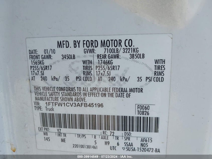 2010 Ford F-150 Xlt VIN: 1FTFW1CV3AFB45196 Lot: 39914549