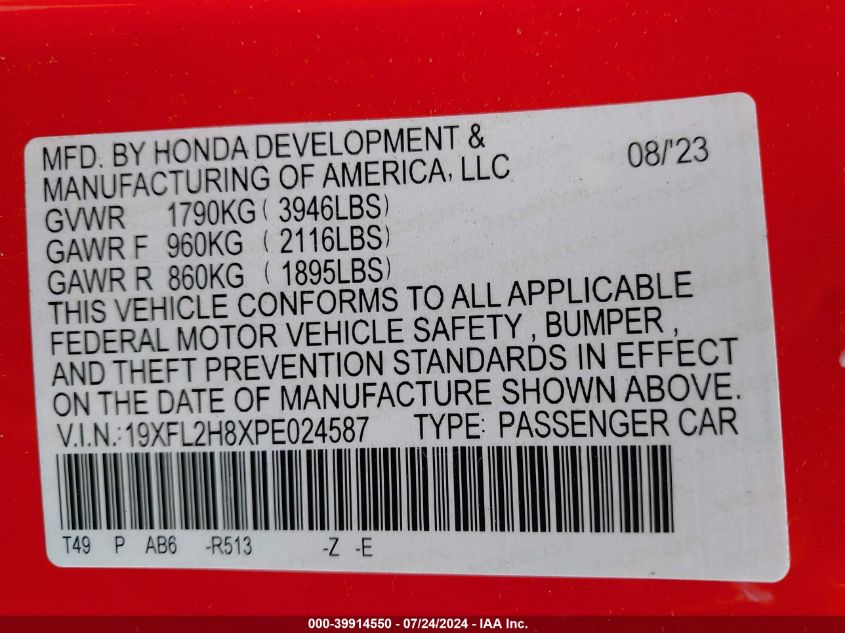 2023 Honda Civic Sport VIN: 19XFL2H8XPE024587 Lot: 39914550