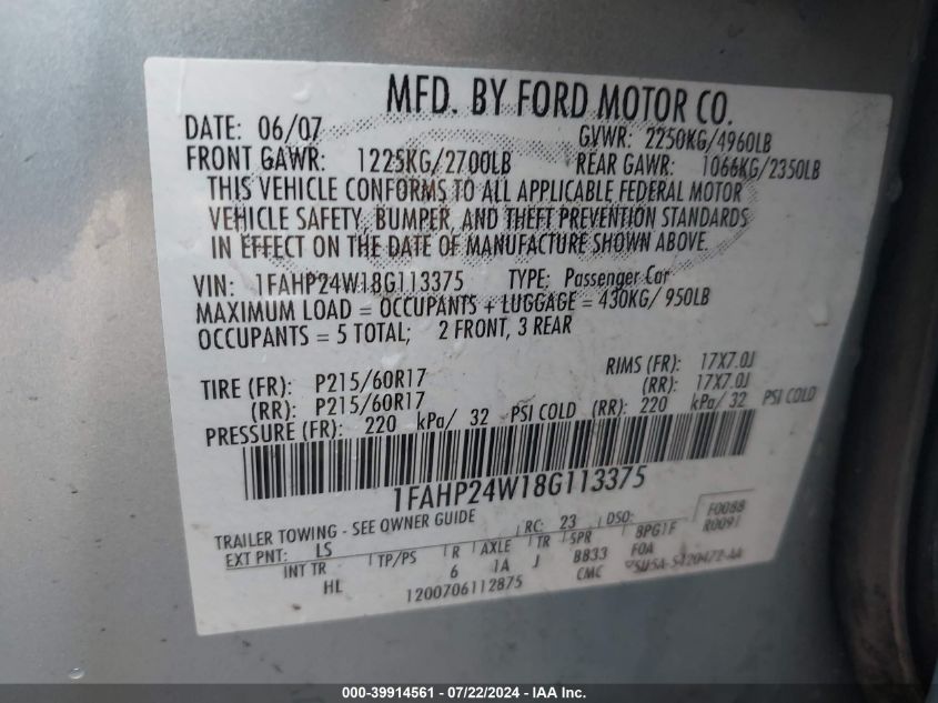 2008 Ford Taurus Sel VIN: 1FAHP24W18G113375 Lot: 39914561