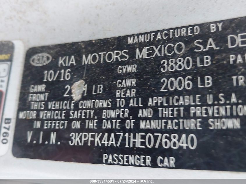 2017 Kia Forte Lx VIN: 3KPFK4A71HE076840 Lot: 39914591