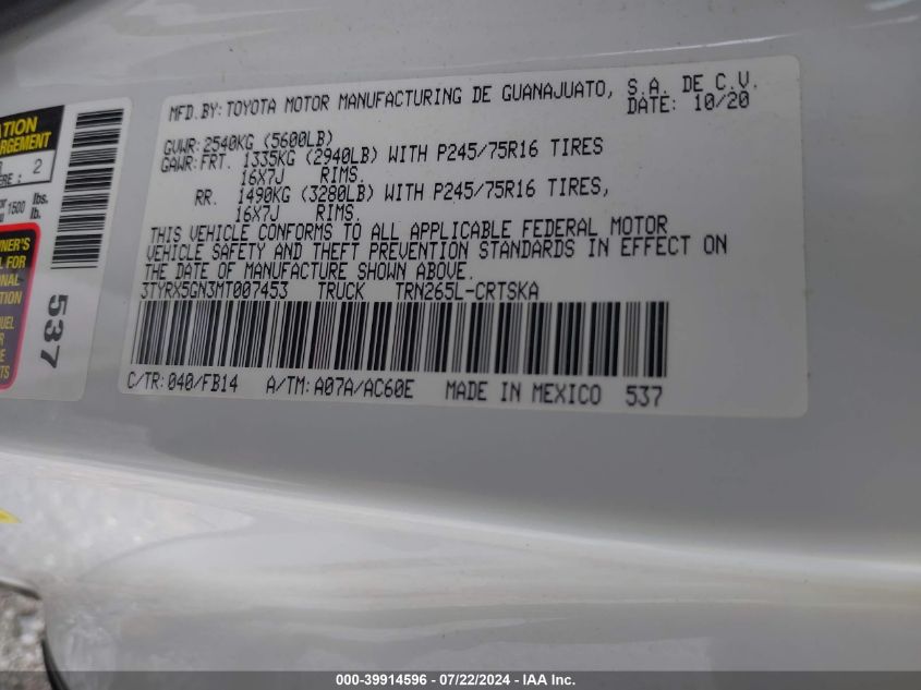 2021 Toyota Tacoma Sr VIN: 3TYRX5GN3MT007453 Lot: 39914596