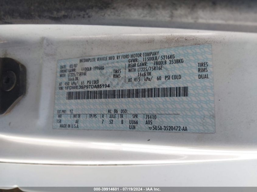 2007 Ford E-350 Cutaway VIN: 1FDWE35P97DA85194 Lot: 39914601