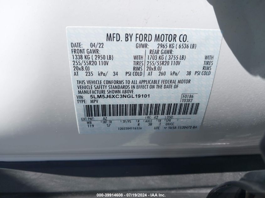 2022 Lincoln Aviator Standard VIN: 5LM5J6XC3NGL19101 Lot: 39914608