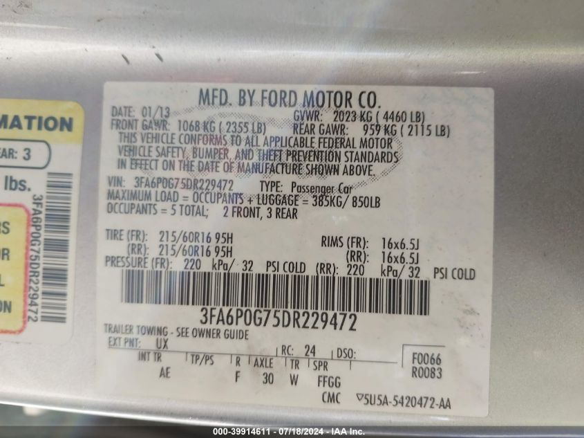 2013 Ford Fusion S VIN: 3FA6P0G75DR229472 Lot: 39914611