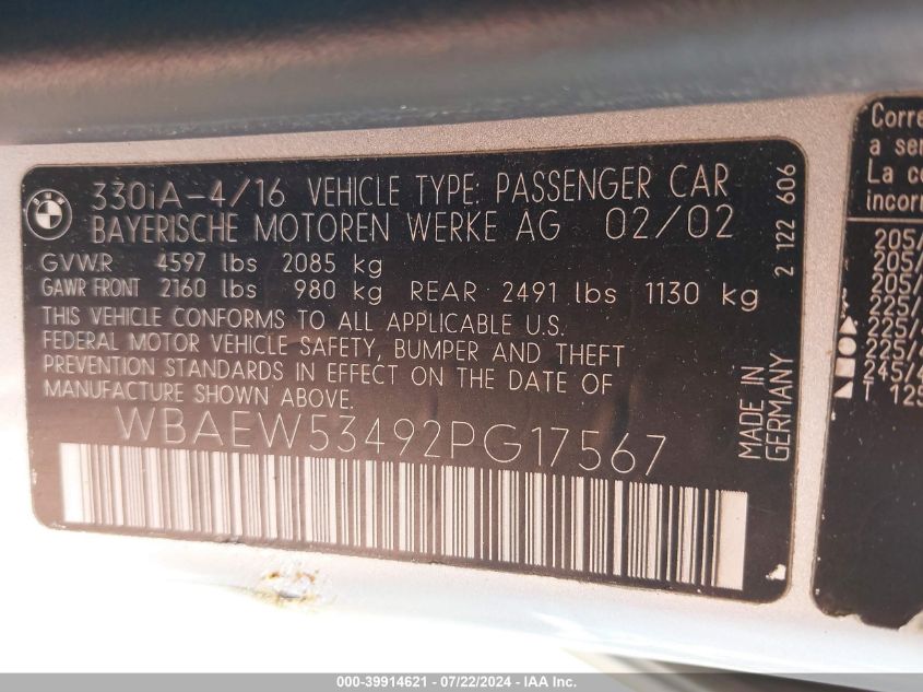 2002 BMW 330Xi VIN: WBAEW53492PG17567 Lot: 39914621