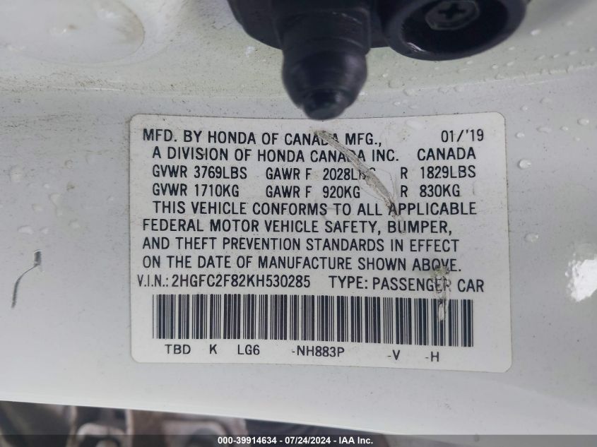 2019 Honda Civic Sport VIN: 2HGFC2F82KH530285 Lot: 39914634