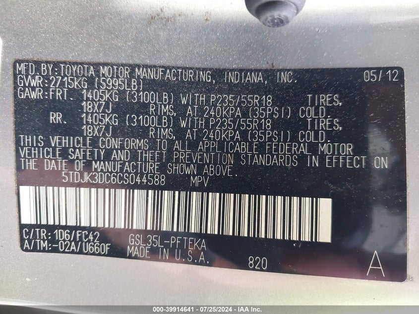 2012 Toyota Sienna Le 7 Passenger VIN: 5TDJK3DC6CS044588 Lot: 39914641