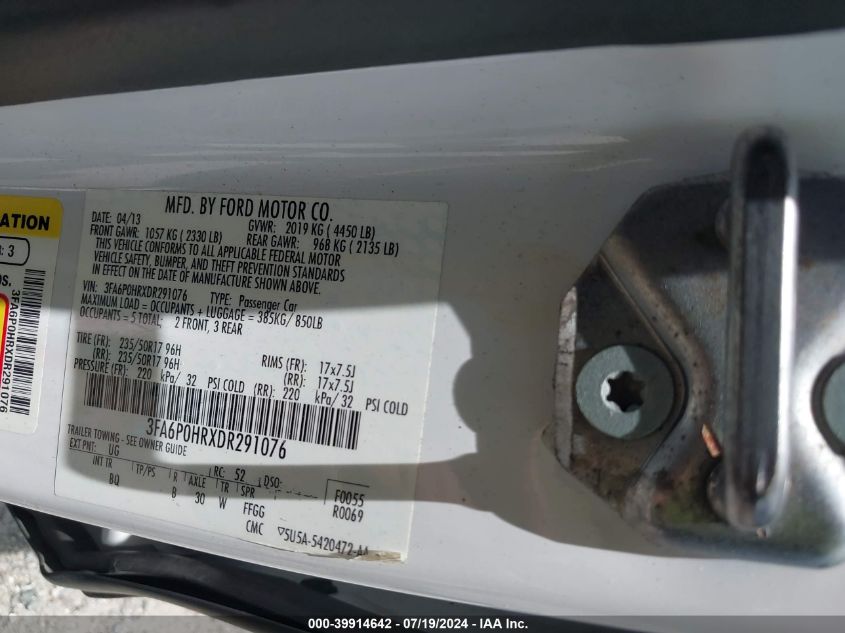 2013 Ford Fusion Se VIN: 3FA6P0HRXDR291076 Lot: 39914642