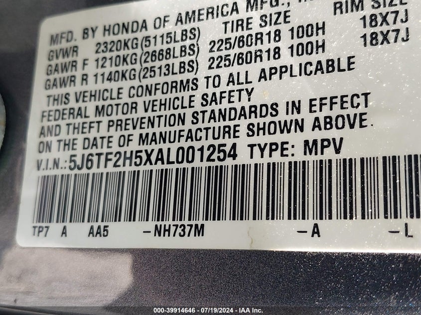 2010 Honda Accord Crosstour Ex-L VIN: 5J6TF2H5XAL001254 Lot: 39914646