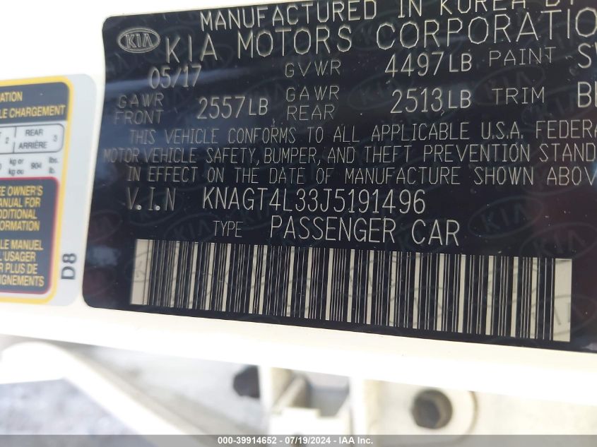 2018 Kia Optima Lx VIN: KNAGT4L33J5191496 Lot: 39914652