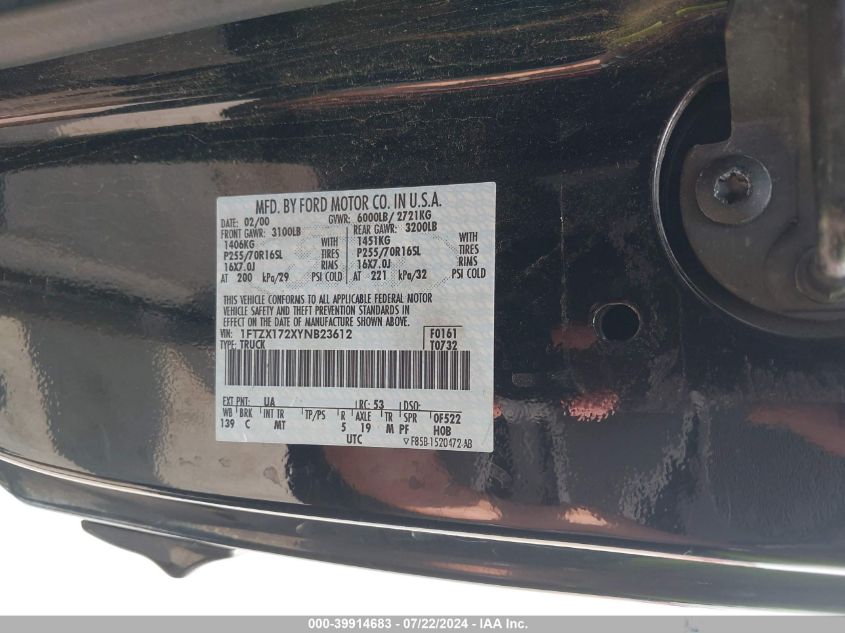 2000 Ford F-150 Work Series/Xl/Xlt VIN: 1FTZX172XYNB23612 Lot: 39914683