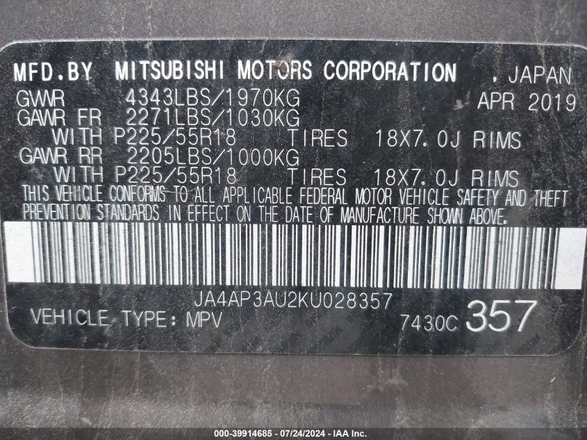 2019 Mitsubishi Outlander Sport 2.0 Es VIN: JA4AP3AU2KU028357 Lot: 39914685