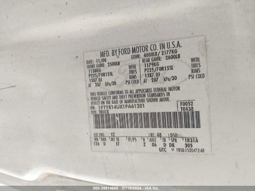 2001 Ford Ranger Edge/Xl/Xlt VIN: 1FTYR14UX1PA61201 Lot: 39914688